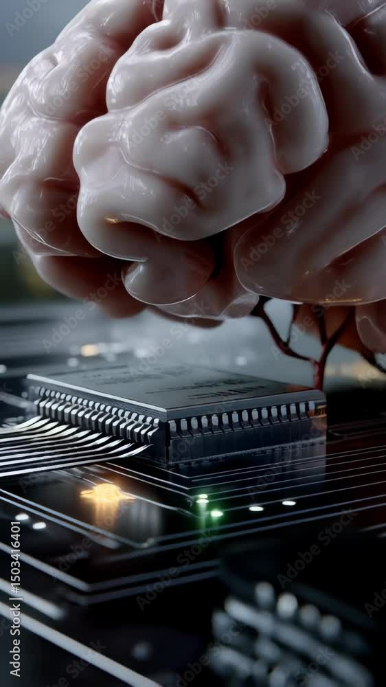 Poster human brain interacting with circuit board, representing artificial intelligence and machine learnin