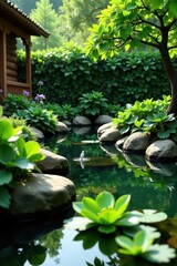 Serene garden pond, natural wood accents, lush greenery , lily pads, beautiful