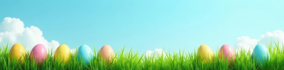 Vibrant green grass border frames pastel Easter eggs against a clear blue sky , willow, background
