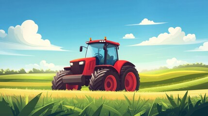Fototapeta premium Red tractor in a grassy field under a blue sky