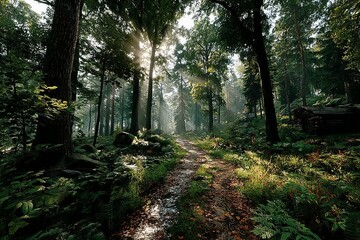 Obraz premium Forest Path with Sunlight Filtering Through the Trees