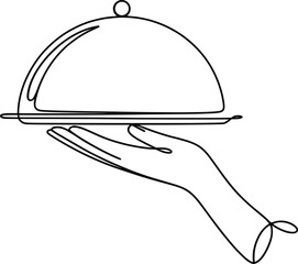 Hand Holding Cloche Tray Line Art Illustration for Fine Dining
