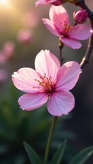 Fototapeta premium Delicate pink blossom unfolds, serene garden corner , gentle, delicate, image