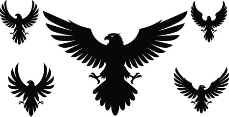 Obraz premium Set of Five Black Heraldic Eagle Silhouettes with Wings Spread, Dominant Central Eagle with Open Beak. Powerful Bird of Prey Vector Icons. AI Generative 