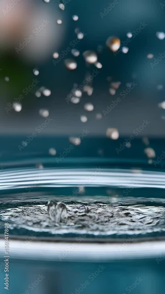Poster high-speed image capturing a splash of water with droplets and ripples, forming a crown shape in a b