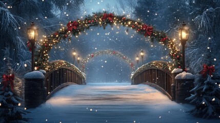 Snowy bridge decorated with Christmas lights and garlands at night.