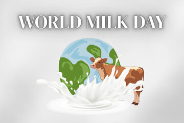 World Milk Day background for wall post, presentation, and poster. nature background milk, cow, and world with words.  milk concept with good health awareness, milk day illustration.