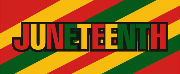 Juneteenth celebration banner with bold text, red yellow green Pan-African stripes, and abstract background symbolizing freedom, equality, and Black pride