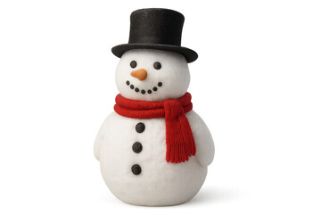 Cheerful snowman figurine, playful character with a black hat and red scarf, perfect for winter decorations and festive themes. Isolated on white background or PNG