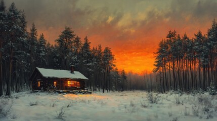 Log cabin in snowy forest clearing at fiery sunset.