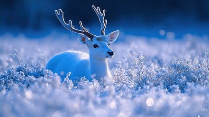 White deer resting in a field of blue and white flowers.