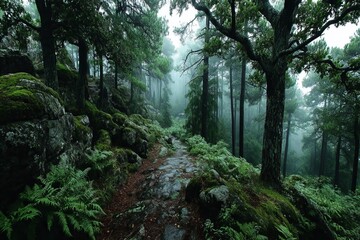 Obraz premium Forest Path with Dense Vegetation and Mist