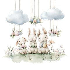 Obraz premium Easter bunnies with eggs, and spring clouds.