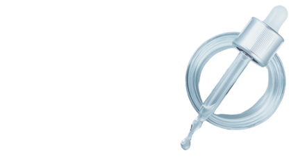 Glass dropper and bottle opening dripping serum on transparent background