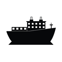 Obraz premium Black silhouette illustration of a large cargo ship cruising across the ocean water