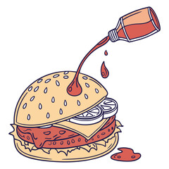 Burger with Ketchup Drip in Outline Flat Vector Art