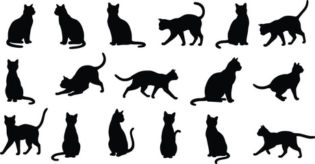 Black Cat Silhouettes Collection: Diverse Feline Poses - Sitting, Walking, Stretching, Prowling. Pet Vector Icons Set. AI Generative
