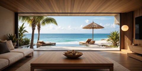 Obraz premium Luxury Beach Villa, Seaside Elegance, Vacation Perfection A luxurious beachfront villa with panoramic views of the ocean, infinity pool