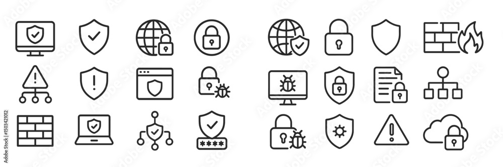 Poster cybersecurity icons representing various elements of online safety and data protection in a digital 