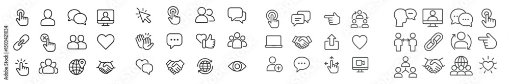 Poster collection of diverse outline icons depicting communication and connection concepts for digital and 