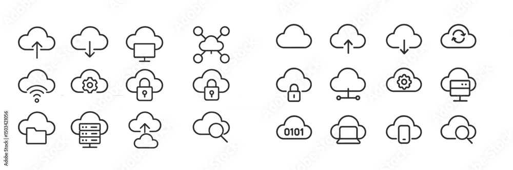 Poster cloud computing icons showcasing data transfer, security, and connectivity concepts for tech applica