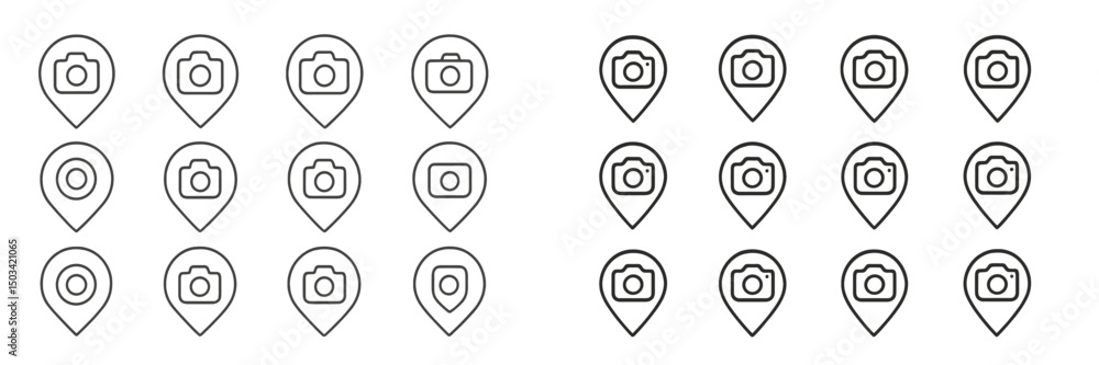 Aufkleber multiple camera icons arranged in map marker style representing photography locations and activities