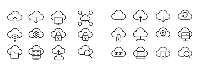 Cloud computing icons showcasing data transfer, security, and connectivity concepts for tech applications