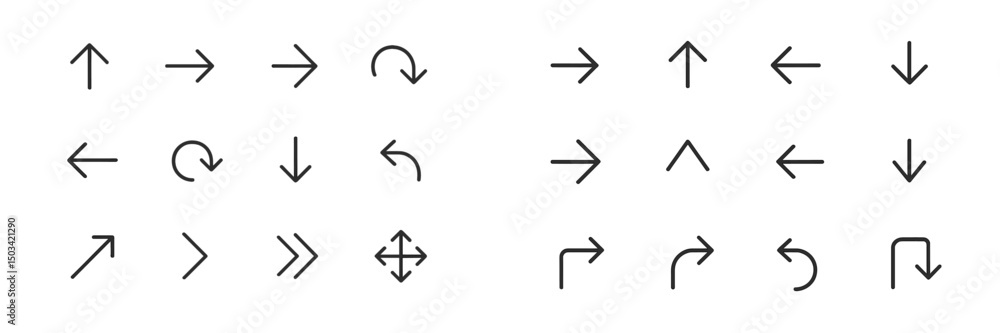 Poster directional arrows and symbols including various shapes and orientations displayed on a white backgr