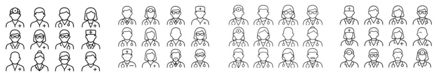 Diverse medical professionals in various attire and postures representing healthcare workforce in a clinical setting