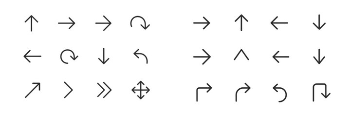 Directional arrows and symbols including various shapes and orientations displayed on a white background
