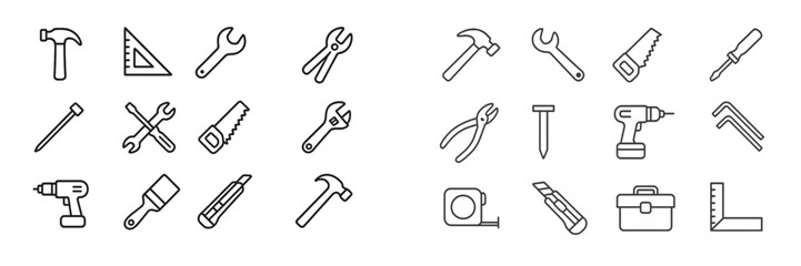 Collection of various hand tools and equipment displayed on a white background for construction and repair projects