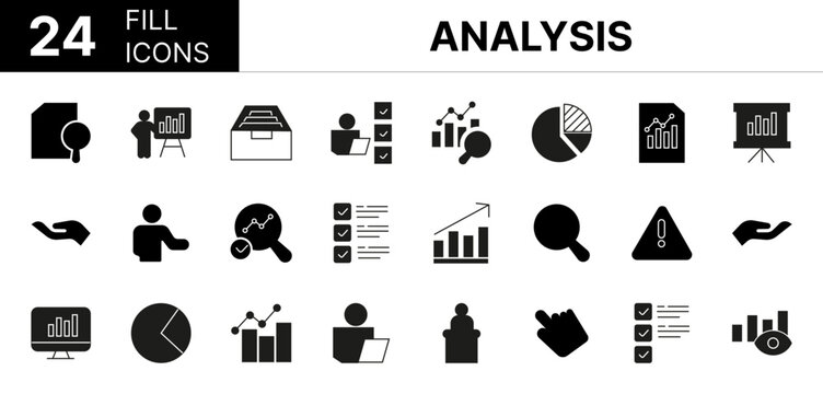 Collection of 24 Analysis fill icons featuring editable strokes. These outline icons depict various modes of analysis, icon, accounting, calculate, balance, planning, application, banking, chart, datu