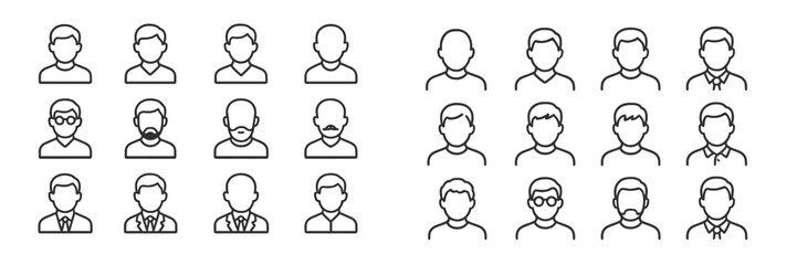 Diverse group of illustrated male faces showing various hairstyles and facial hair styles in a grid layout