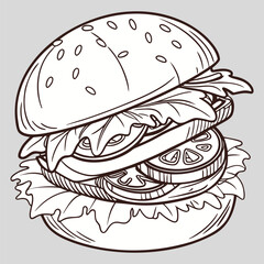 Flat Burger with Veggie Layers in Clean Line Format