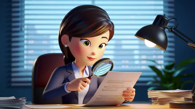 Office business 3d cartoon woman examining documents with magnifying glass at desk against window blinds background