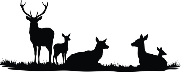 Fototapeta premium Deer Family Silhouette: Stag, Doe & Fawns in Grass, Wildlife Scene. AI Generative 