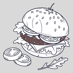 Burger with Seeded Bun in Minimal Line Vector Style