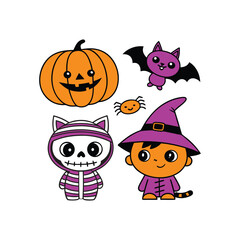 Cartoon cat dressed in pumpkin costume for spooky Halloween clipart  