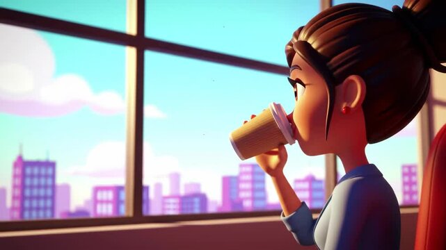3D cartoon office employee slowly sipping coffee looking out window with city skyline, business morning atmosphere