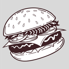 Cheeseburger Silhouette Icon in Flat Line Vector Art