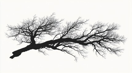 Silhouette of a sprawling, leafless tree branch against a stark white background, showcasing intricate details of the gnarled wood and reaching branches.