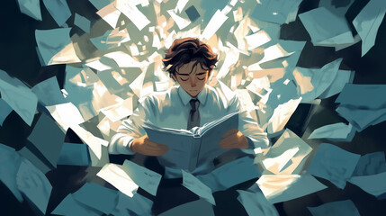Illustration of a young man immersed in reading as papers fly around him. Dramatic and dynamic scene symbolizing knowledge, learning, focus, and determination.
