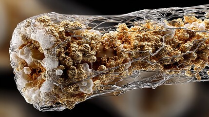 High detail image of overstressed femur bone microfracture lines showing femoral stress fracture due to repetitive running impact
