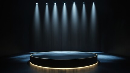 Dark stage with spotlights and round podium