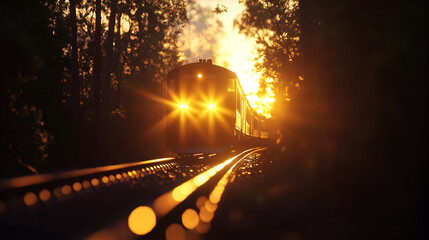 ferrocarril con luces pasando entre los arboles entre el bosque medio de transporte al anochecer llegando a la estacion