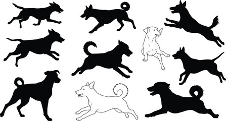 Dynamic Dog Silhouettes & Outlines: Action Packed Canine Running & Jumping Graphics Set. AI Generative
