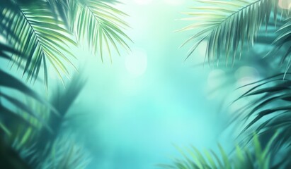Tropical palm leaves frame, sunlight bokeh background, summer vacation, website banner