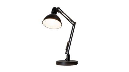Modern black desk lamp illuminating on transparent background