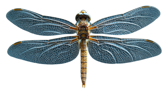 Dragonfly showing transparent wings and segmented body on transparent background