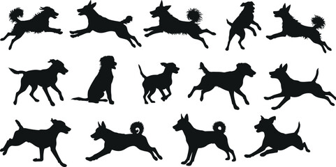 Obraz premium Diverse Dog Breed Silhouettes Collection: Running, Standing & Sitting Canine Action Icons. AI Generative 